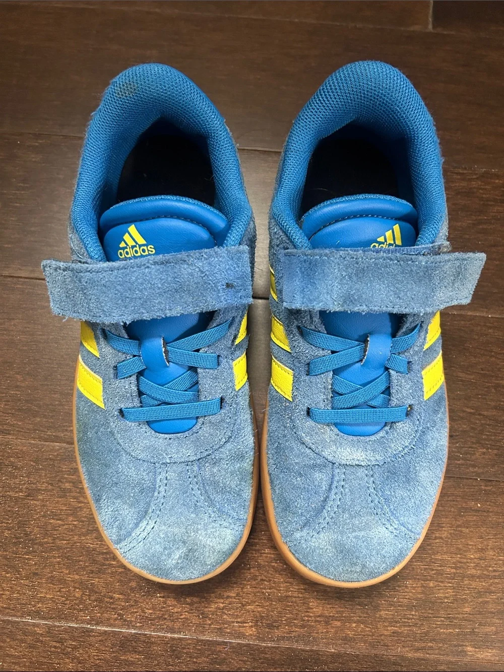 Kids adidas Blue Suede Sneakers with Yellow Stripes